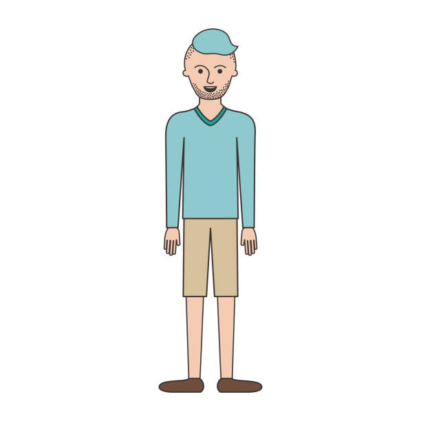 man full body with t-shirt long sleeve and short pants and shoes with high fade haircut and stubble beard in colorful silhouette man full body with t-shirt long sleeve and short pants and shoes with high fade haircut and stubble beard in colorful silhouette vector illustration fade in stock illustrations