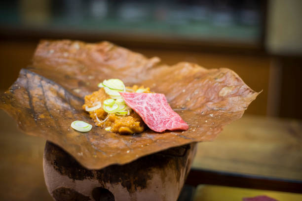 Hida Miso Beef grill on Oba Leaf. Traditional HidaJapanese dining style.