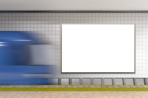 istock Blank wall for advertising poster on subway station with train 882322458