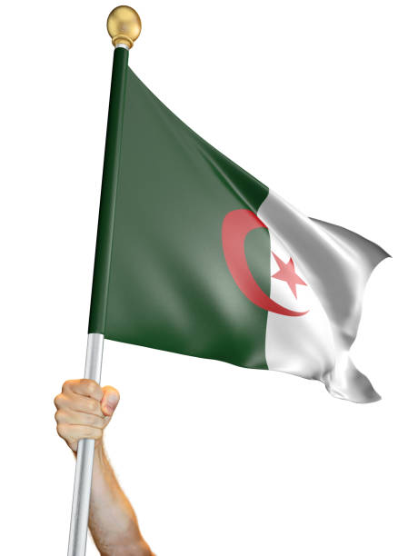 Man's hand holding a flag pole with the Algerian national flag proudly displayed against a white background. The flag has been rendered with 3D software.