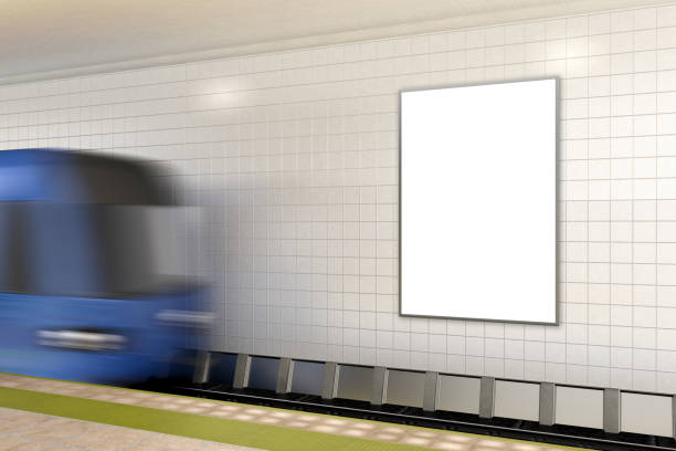 istock Blank wall for advertising poster on subway station with train 882323316