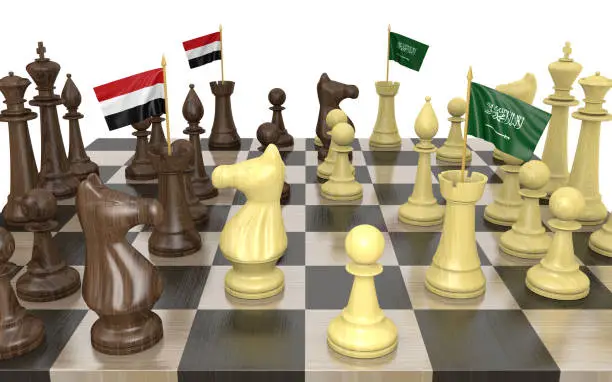 Yemen and Saudi Arabia strategic relations and power struggles represented by a chess game rendered in 3D.