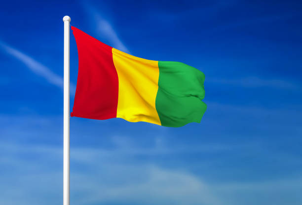 istock Waving flag of Guinea on the blue sky background 882326348