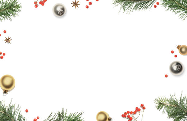 istock Christmas composition with gift boxes, decorations, christmas tree branches and red berries on white background, top view. Flat lay 882326586