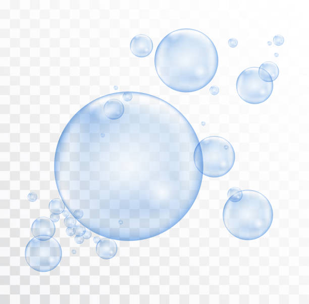 ilustrações de stock, clip art, desenhos animados e ícones de group of blue realistic shiny flying soap bubbles isolated on transparent background - blue ball
