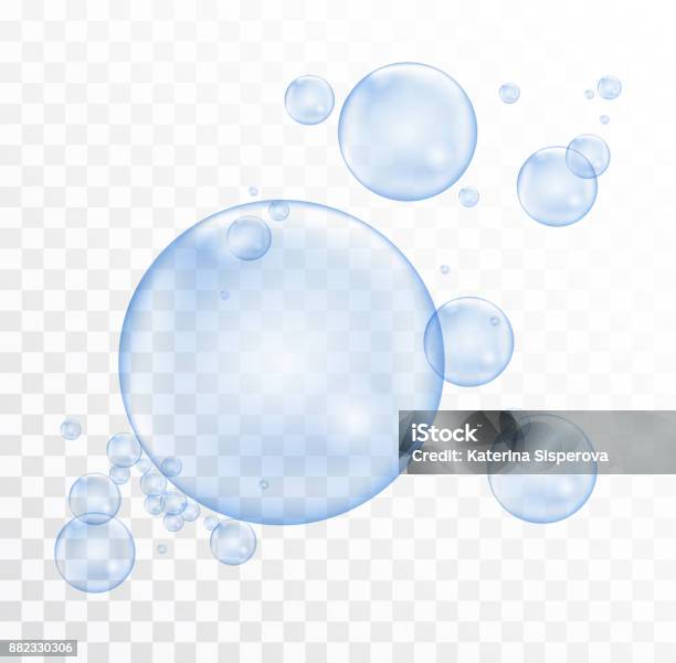 Group Of Blue Realistic Shiny Flying Soap Bubbles Isolated On Transparent Background Stock Illustration - Download Image Now