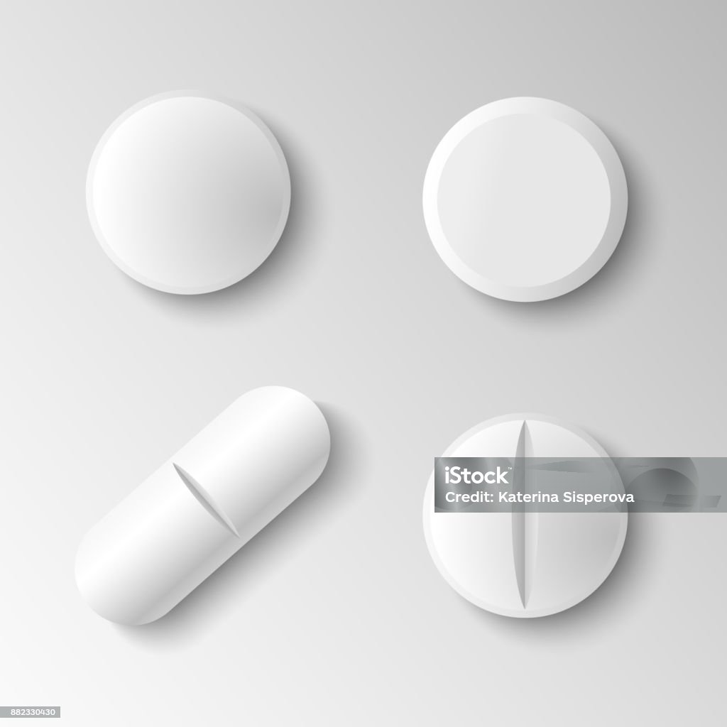 Ensemble de quatre différents vecteur réalistes pilules blanches isolées sur fond gris - clipart vectoriel de Comprimés libre de droits