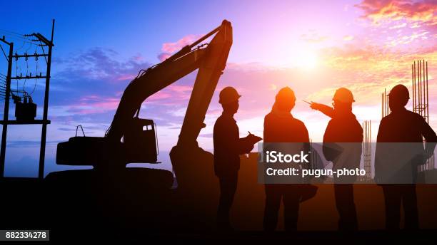 Silhouette Teams Engineer Stock Photo - Download Image Now - Construction Industry, Construction Worker, Teamwork