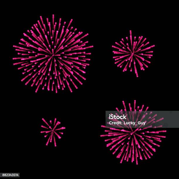 Fireworks Set Isolated On Black Vector Stock Illustration - Download Image Now - Firework - Explosive Material, Firework Display, Pink Color