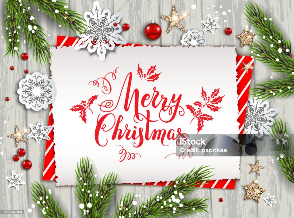 Holiday nature card christmas Festive Christmas card with fir tree and festive decorations balls, stars, snowflakes on wood background. Christmas template for banner, ticket, leaflet, card, invitation, poster and so on Christmas Card stock vector