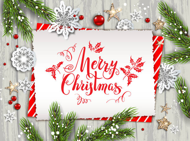 Holiday nature card christmas Festive Christmas card with fir tree and festive decorations balls, stars, snowflakes on wood background. Christmas template for banner, ticket, leaflet, card, invitation, poster and so on christmas card stock illustrations