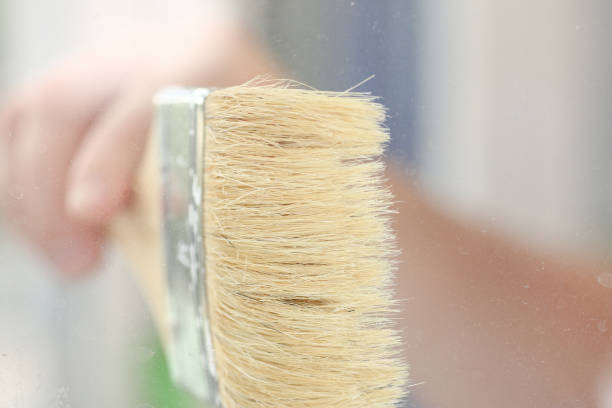 istock Arm of smiling worker hold brush closeup 882350262