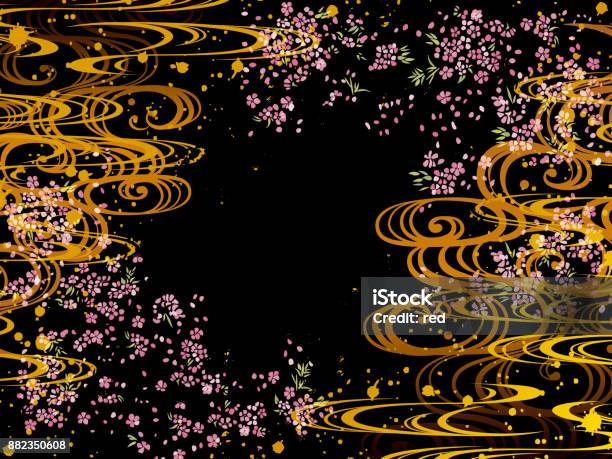 Ilustración de Japonés Del Patrón Onda Y Cereza De La Noche y más Vectores Libres de Derechos de Cultura japonesa - Cultura japonesa, Patrones visuales, Flor de cerezo