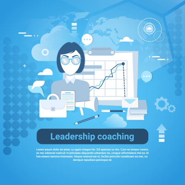 leadership coaching web banner z kopiuj miejsce na niebieskim tle - women leading guidance student stock illustrations