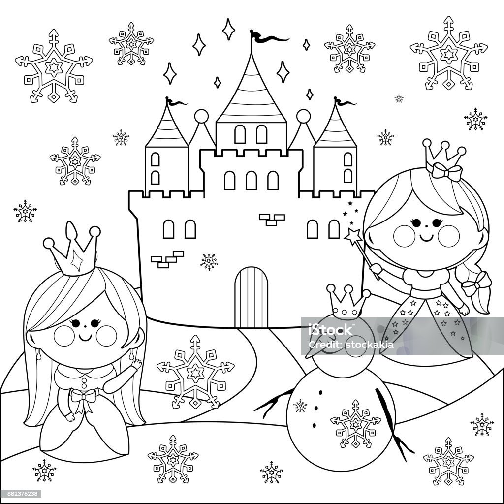 Ilustración de Hermosas Princesas En Un Paisaje Nevado Con Un Castillo Y Un Muñeco De Nieve Blanco Y Negro Para Colorear Página Del Libro y más Vectores Libres de Derechos de Princesa - Ilustración de Hermosas Princesas En Un Paisaje Nevado Con Un Castillo Y Un Muñeco De Nieve Blanco Y Negro Para Colorear Página Del Libro y más Vectores Libres de Derechos de Princesa -