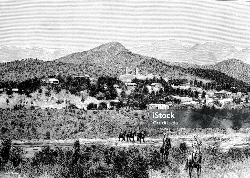 Riders on the meadow, city of Windhoek in background Illustration from 19th century Germany stock illustration