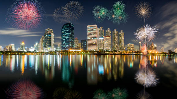 istock Dusk scence of Bangkok Panorama with Multicolor Firework Celebration. 882376610