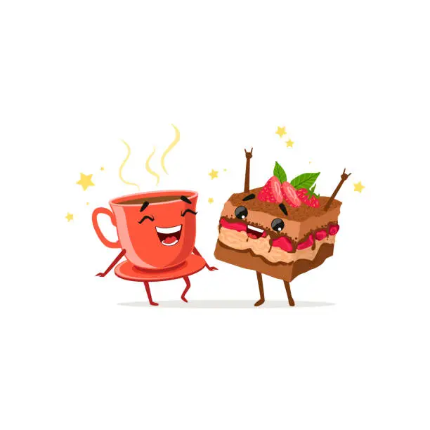 Vector illustration of Dancing cup of coffee and piece of cake with strawberry. Food and drink characters having fun. Vector flat cartoon illustration