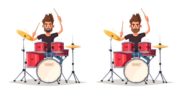 Drummer. Rock music. Cartoon vector illustration. Drummer. Old school party. Cartoon vector illustration. Vintage style. For print and web. Drums. For concert promotion in clubs, bars, pubs and public places. drummer stock illustrations