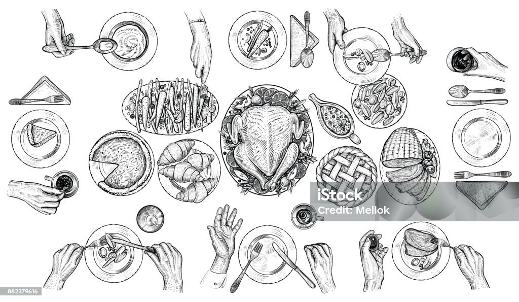 Dining people, vector illustration. Hands with cutlery at the table. Top view drawing. Dining people, vector illustration. Top table view drawing. Festive traditional dinner scene. Feast with turkey, vegetables, cranberry sauce, pie, ham. Hands with cutlery at the table setting. Food stock vector