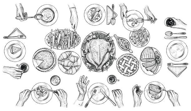 Dining people, vector illustration. Hands with cutlery at the table. Top view drawing. Dining people, vector illustration. Top table view drawing. Festive traditional dinner scene. Feast with turkey, vegetables, cranberry sauce, pie, ham. Hands with cutlery at the table setting. tablecloth illustrations stock illustrations