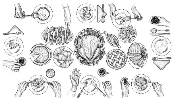 Dining people, vector illustration. Hands with cutlery at the table. Top view drawing. Dining people, vector illustration. Top table view drawing. Festive traditional dinner scene. Feast with turkey, vegetables, cranberry sauce, pie, ham. Hands with cutlery at the table setting. place setting table plate dining table stock illustrations