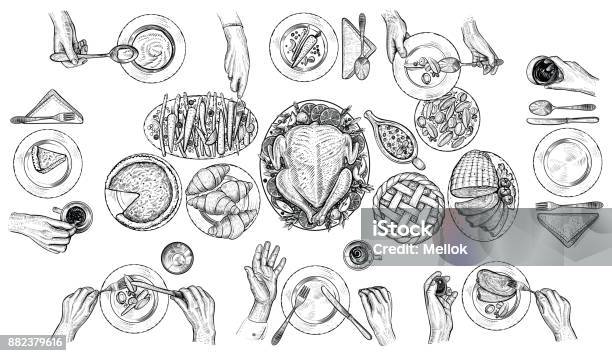 Dining People Vector Illustration Hands With Cutlery At The Table Top View Drawing Stock Illustration - Download Image Now