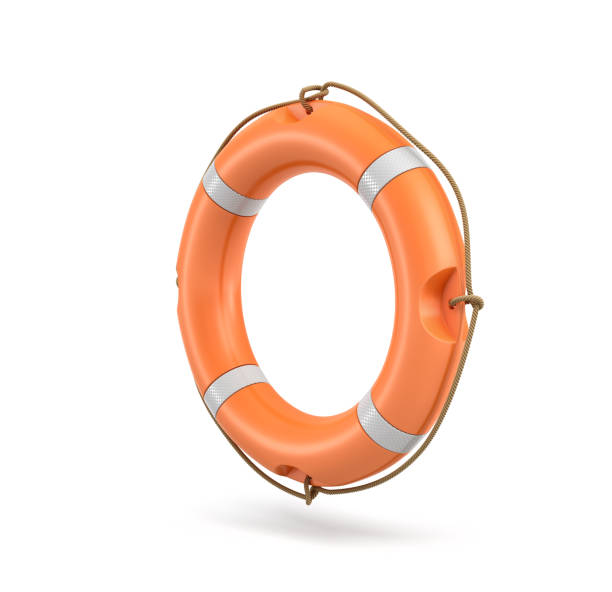 istock 3d rendering of a single isolated orange life buoy hanging over a white background. 882384818