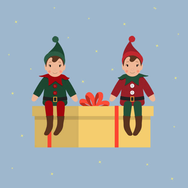 Christmas elves are sitting on a gift box Christmas elves are sitting on a gift box. Vector illustration elf sitting stock illustrations