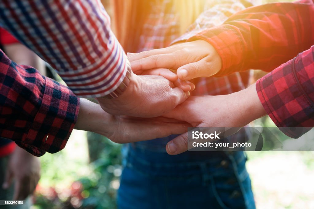 Together concept. Group holding together as different  people putting their hands connected linked together and community trust and faith metaphor showing unity.Teamwork concept. Farmer Stock Photo