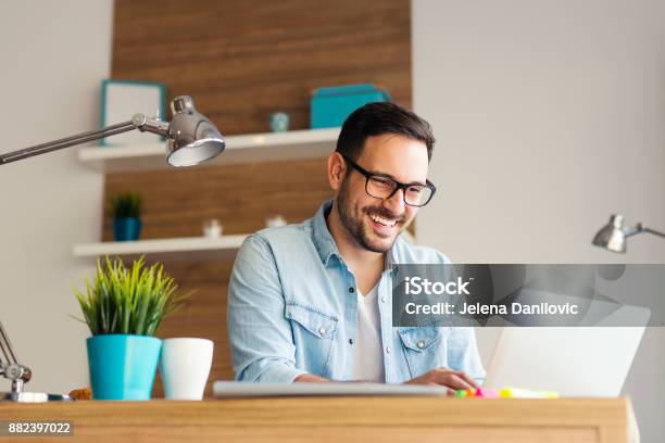 Remote Job Stock Photo - Download Image Now - Men, Working At Home, Laptop