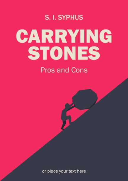 Carrying stones. Book cover creative funny concept. Sisyphus rolling big boulder. Fiction or non-fiction genre. Mid century style design. Applicable for books, posters, placards etc. sisyphus stock illustrations