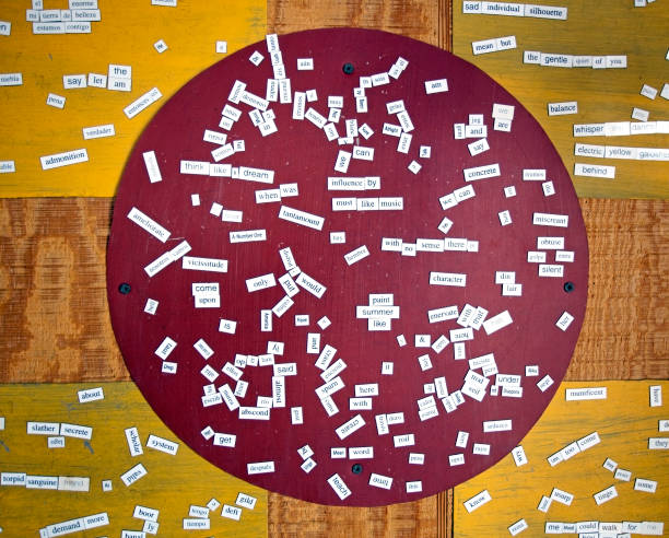 Magnetic Poetry Poetry with scattered word magnets on wall. Horizontal. magnet photos stock pictures, royalty-free photos & images