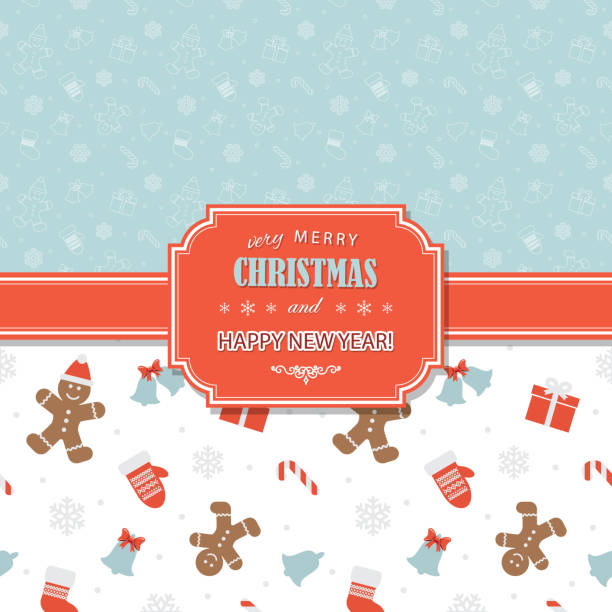 Christmas and Happy New Year greeting card template. Christmas and Happy New Year greeting card template. Two seamless patterns included. For print and web. silhouette of christmas cookie border stock illustrations