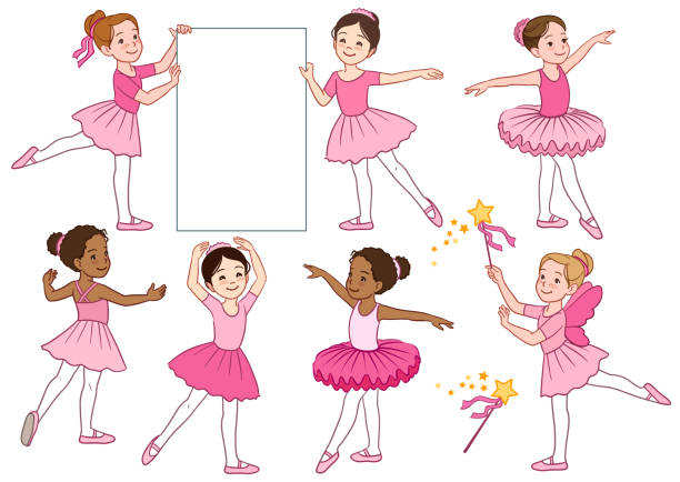 ilustrações, clipart, desenhos animados e ícones de vetor desenho ilustração coleção de multicultural pequena bailarina meninas personagens fofinhos vestindo rosa malhas e saias tutu. balé, dança, elementos de design com temas do movimento criativo - ballet little girls child fairy