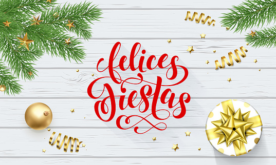 Felices Fiestas Navidad Spanish Happy Holidays golden decoration and calligraphy font for greeting card white wooden background. Vector Christmas or New Year golden shiny gift Xmas decoration design