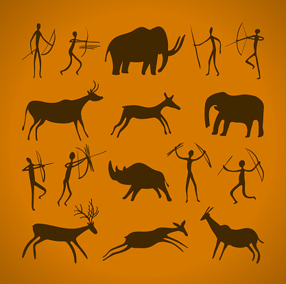 Hand-drawn pattern of cave drawings. ancient petroglyphs. Vector illustration.