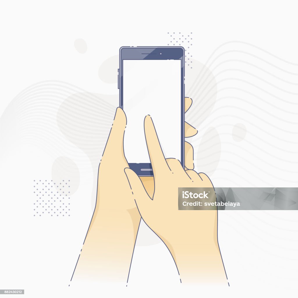 Hands holding modern cell phone and tapping on screen Vector illustration of hands holding hi-tech modern smartphone with blank screen in flat line style. Blank stock vector