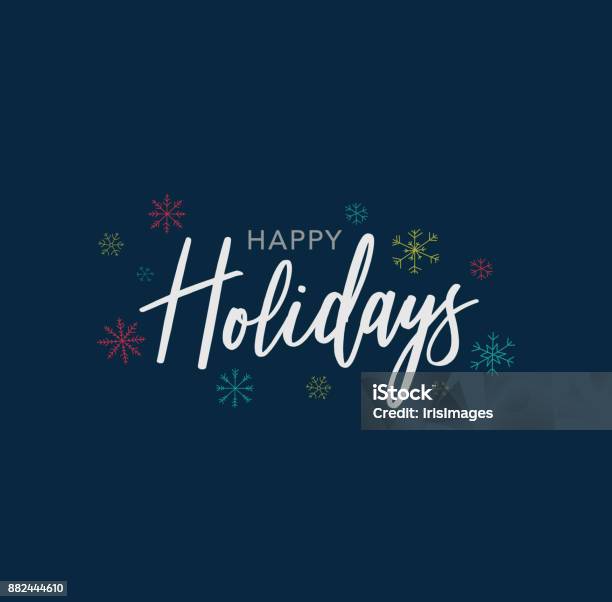 Happy Holidays Calligraphy Vector Text With Hand Drawn Snowflakes Over Dark Blue Background Stock Illustration - Download Image Now