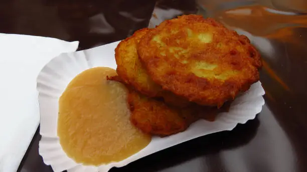 "Reibekuchen" at German Christmas Market. Reibekuchen are German potato fritters, also known as They are common in many areas of Germany, the name "Reibekuchen" being characteristic to the Rheinland area.