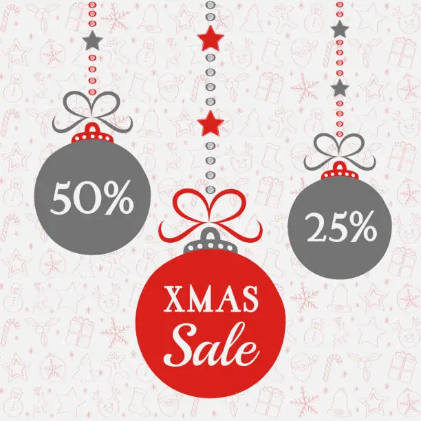 Vector illustration of Banner with hanging baubles for Christmas Sale. Vector.