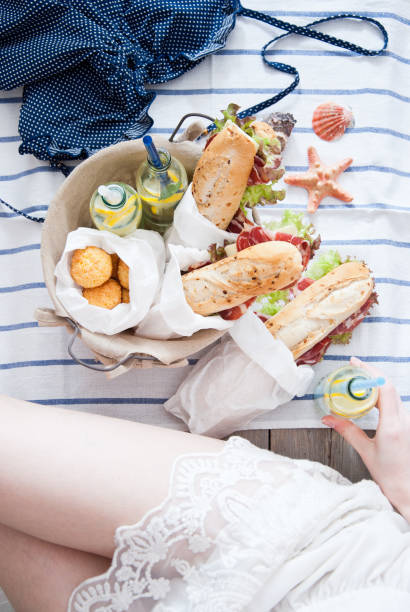 istock Picnic ham sandwiches and lemonade in a basket 882457696