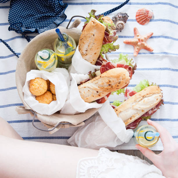 istock Picnic ham sandwiches and lemonade in a basket 882458218
