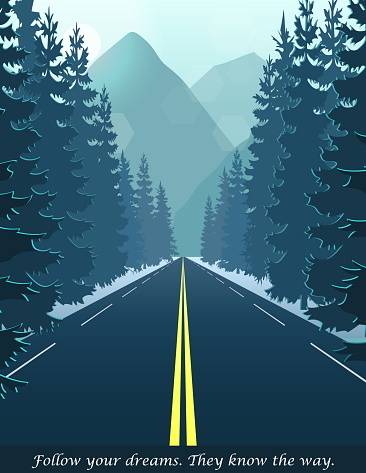 Illustration of road through the forest leading to hills and mountains, fog landscape nature scene, trees, pines, hill, road. Banner card illustration template.