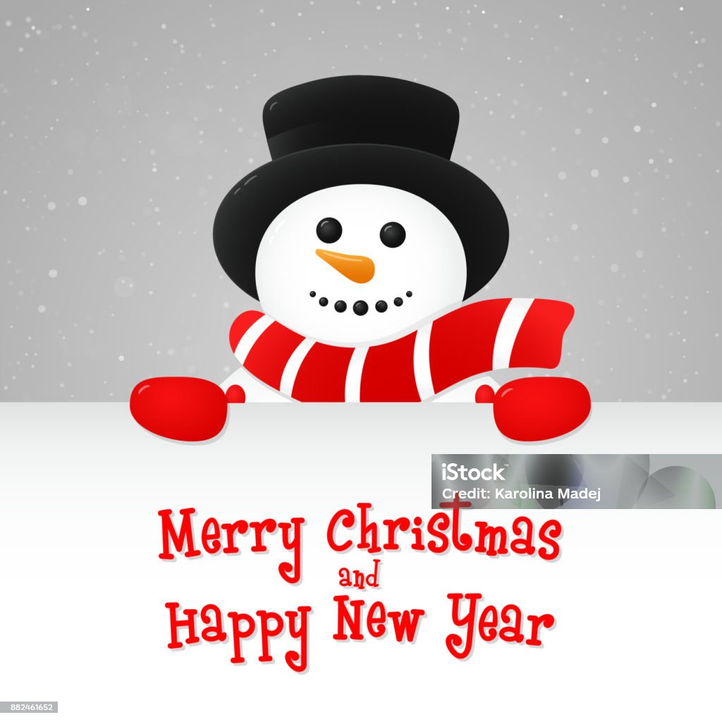 Happy Snowman Holding A Card With Christmas Wishes On Background ...