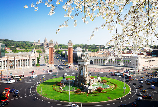 Street view of Palace of Communication on the Plaza de Cibeles in Madrid, Spain