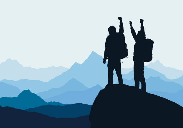 векторная иллюстрация горного пейзажа с двумя мужчинами на вершине скалы, празднуя успех, поднятый руками - alpinist stock illustrations