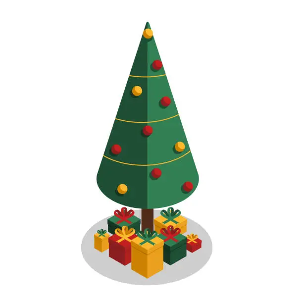 Vector illustration of Festive vector cartoon decorated Christmas tre with gifts isolated on white background in isometric