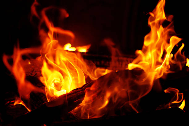Burning fire in the night stock photo