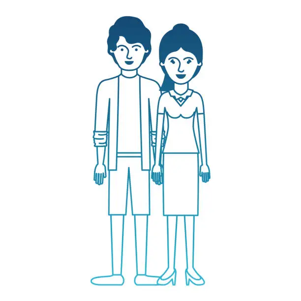 Vector illustration of couple in degraded blue silhouette and him with shirt and jacket and short pants and shoes with short wavy hair and her with blouse and skirt and heel shoes with ponytail hair